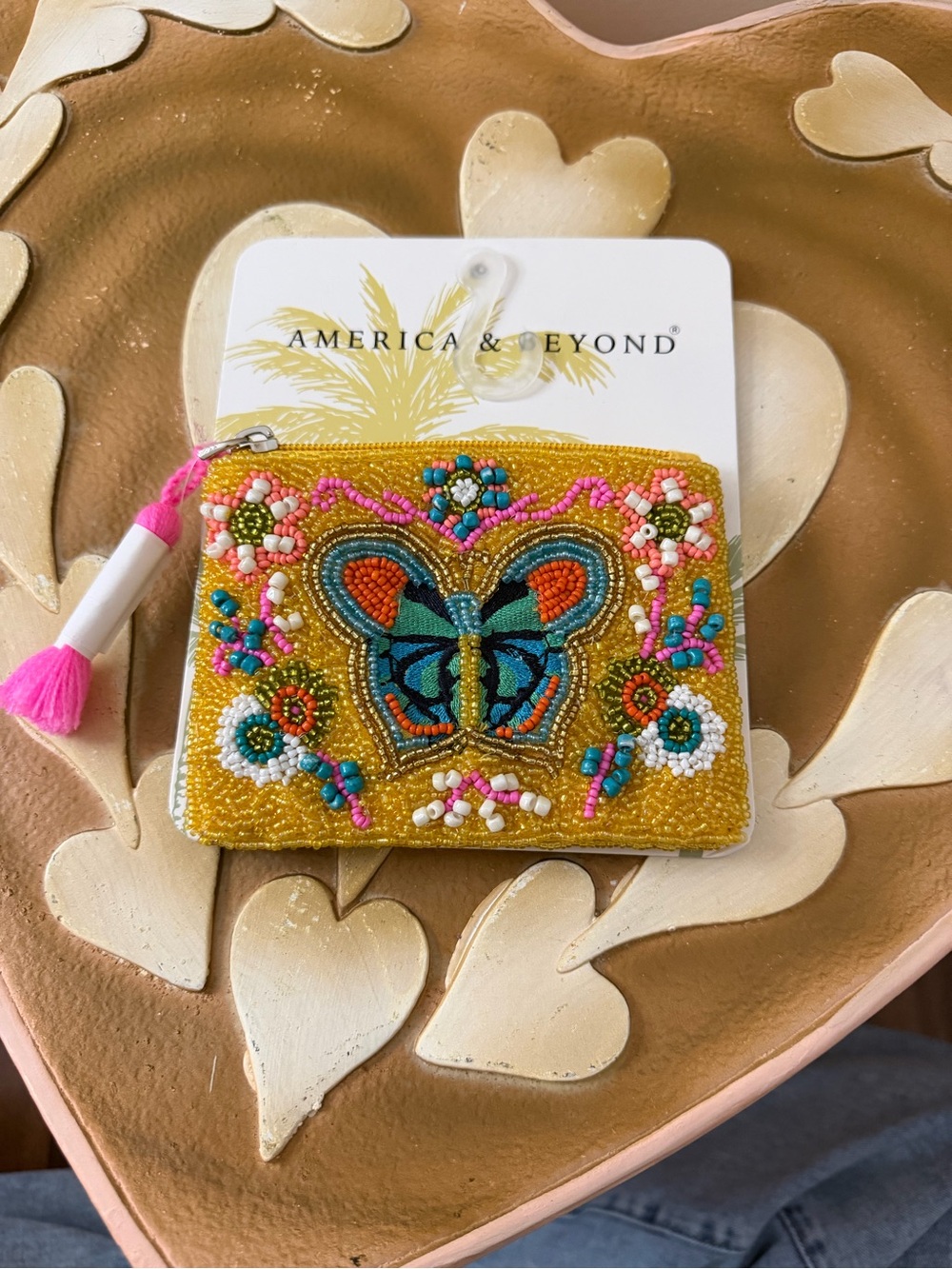 America & Beyond Yellow Beaded Butterfly Coin Purse with Tassel